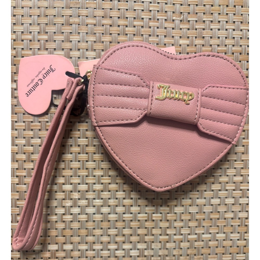 Juicy Couture Pretty Bow Heart Wristlet Blush Pink Faux Leather Zip Pouch NWT